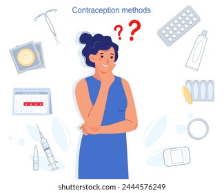 Mujer joven que elige el método anticonceptivo. Métodos y opciones de control de natalidad. Anticonceptivos hormonales orales, condones. Ilustración vectorial aislada fondo blanco