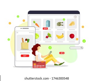 Young woman choosing and ordering food in a mobile app. Grocery store, Online Market, Home delivery, Shopping. Vector illustration for poster, banner, advertising, commercial, flyer.