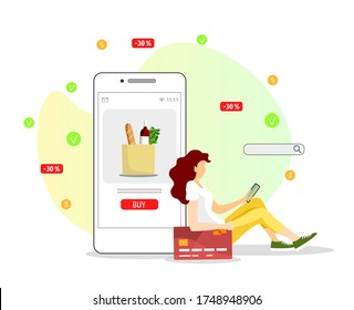 Young woman choosing and ordering food in a mobile app. Grocery store, Online Market, Home delivery, Shopping concept. Isolated vector illustration for poster, banner, website, commercial.