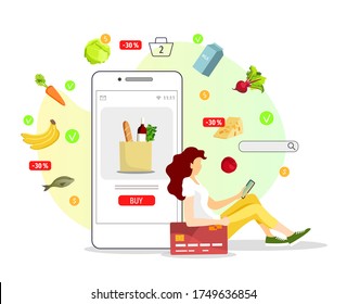 Young woman choosing and ordering food in a mobile app. Grocery store, Online Market, Home delivery, Shopping concept. Isolated vector illustration for poster, banner, advertising, commercial.