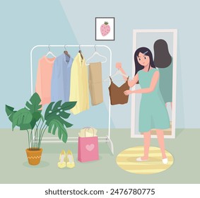 A young woman choosing outfit in the room.