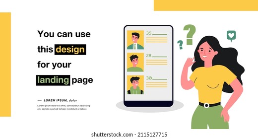 Young woman choosing partner on social network. Flat vector illustration. Girl standing next to giant smartphone, watching profiles of men of different ages. Internet, love, dating app concept