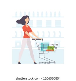 Young woman choosing products on shelves and pushing cart, girl shopping at supermarket vector Illustration on a white background