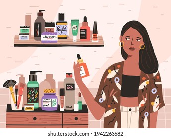 Young woman choosing and taking skincare beauty cosmetic product. Shelves with bottles and packagings of cosmetics and perfumes. Colored flat vector illustration of lady holding lotion or moisturizer