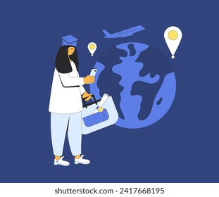 Young woman choosing an university abroad. Student grant for obtaining education. Graduate immigration rout. Brain drain metaphor. Vector illustration.