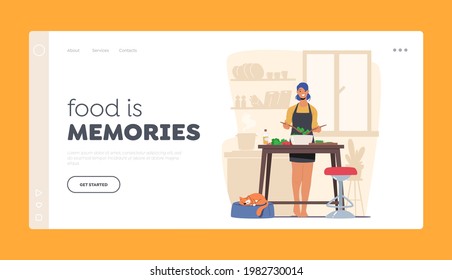 Young Woman Chopping Vegetables Cooking Salad Landing Page Template. Happy Female Character Cook on Kitchen at Home Preparing Delicious and Healthy Food for Family Dinner. Cartoon Vector Illustration