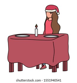 young woman with christmas hat seated in dinner table vector illustration design