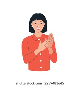 Young woman clapping hands thanking or showing appreciation at event.  Vector cartoon flat style illustration