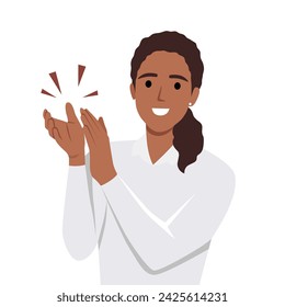 Young woman clapping hands thanking or showing appreciation at event. Flat vector illustration isolated on white background