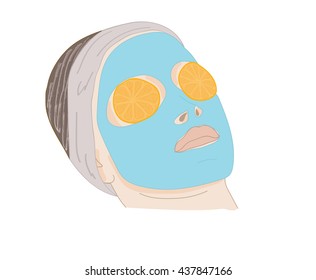 Young woman with clay facial mask. vector illustration.