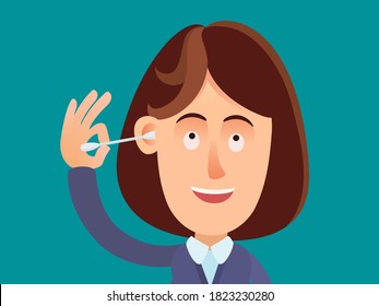 Young woman clean his ear with a cotton bud and smiles, portrait. Caring for the cleanliness of the ears, personal hygiene. Vector illustration, flat design, cartoon style, isolated background.