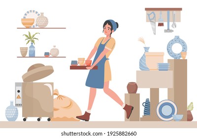 Young woman clean pottery studio for pottery lessons vector flat illustration. Female character carrying tray with clay mugs and cups. Pottery workshop interior design with utensil and tableware.