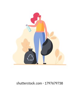 Young woman cleaner carrying garbage in bag. Isolated volunteer character collecting trash. Concept of clean up, ecology protection, save planet. Vector illustration in cartoon flat design