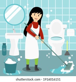 Young woman cleaning the bathroom cartoon vector. Housewife mopping the floor.