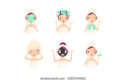 Young woman cleaning and caring her face and hair set, facial treatment, hygiene, vector Illustration