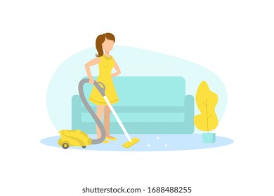 Young Woman Cleaning Carpet with Vacuum Cleaner at Home Vector Illustration