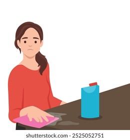 Young woman cleaning desk. Flat vector illustration isolated on white background