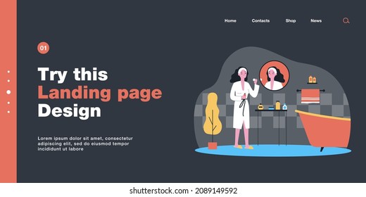 Young woman cleaning face with cotton pad in bathroom. Female character doing morning routine flat vector illustration. Skin care, beauty concept for banner, website design or landing web page