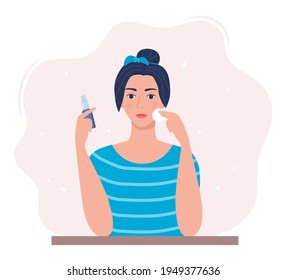 Young woman cleaning her face with cotton pad, holding cleaning lotion in her hand. Beauty, skin care and cosmetic concept. Vector illustration in flat style