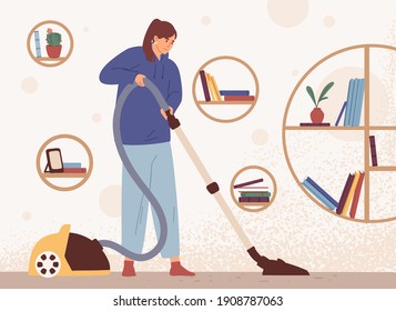 Young woman cleaning home with manual vacuum cleaner. Homemaker clean dirty floor in modern room. Colored flat textured vector illustration.