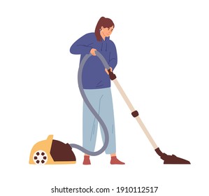 Young woman cleaning home with manual vacuum cleaner. Smiling homemaker running vac during cleanup. Colored flat vector illustration isolated on white background