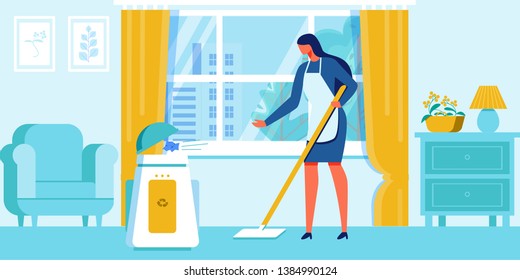 Young Woman Cleaning Home Putting Trash Into Special Electronics Recycling Container. Robotics Technology Helping In Housekeeping And Environment Protection, Ecology. Cartoon Flat Vector Illustration