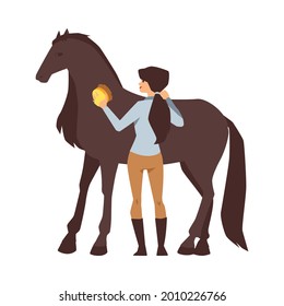 Young Woman Cleaning A Horse. The Girl Groom Takes Care Of A Beautiful Thoroughbred Chestnut Animal Horse. Flat Cartoon Vector Illustration Isolated On A White Background