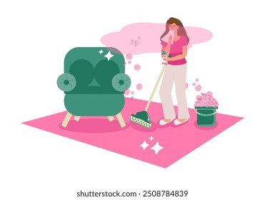 Young woman cleaning the house and suffering from household allergies, she has a runny nose and tears from dust and cleaning products. Housewife standing on the carpet with a handkerchief, with a mop 