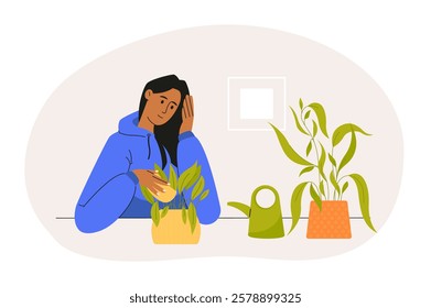 Young woman cleaning and taking care of houseplants sitting at a table, gardening at home, watering can and houseplants, hobby and leisure, home garden