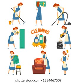 Young Woman Cleaning and Washing Set, Cleaning Lady Character Wearing Uniform with Blue Dress and White Apron, Cleaning Service Vector Illustration