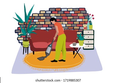 Young Woman Cleans Carpet Using Wireless Vacuum Cleaner In The Cozy Living Room.Stay Home And Clean Up A House Concept.Girl Tidying.Vector Stock Illustration In Cartoon Style.