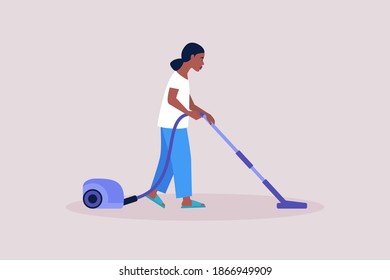 Young woman cleans the floor with a vacuum cleaner. Housekeeping concept. Colorful flat vector illustration