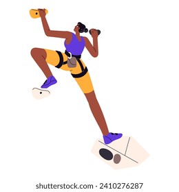 Young woman climbing on bouldering wall with belaying. Climber upwards on top of artificial rock. Girl grips up of stones in mountain park. Extreme sport. Flat isolated vector illustration on white