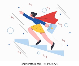 Young Woman climbing the stairs. Сareer growth, achievement of success in business or study. Vector illustration.