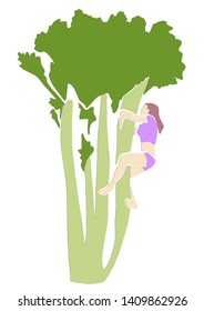 Young woman climbs up the celery. Healthy food, vegetarian and diet cartoon. Applique or paper cut style. Colorful vector illustration.