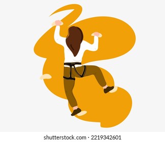 A young woman climbs a climbing wall in a bouldering park. In an extreme gym on a stone wall, an artificial mountain with rocks. Flat vector illustration.