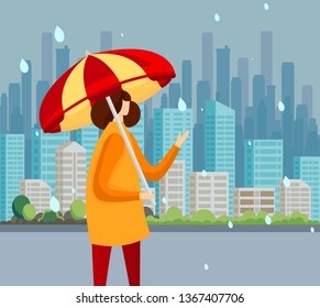 Young Woman in Cloak and Rubber Boots with Striped Bright Umbrella Standing at Rain on Urban View Landscape Catching Water Drops. Faceless Character at Rainy Weather. Cartoon Flat Vector Illustration.