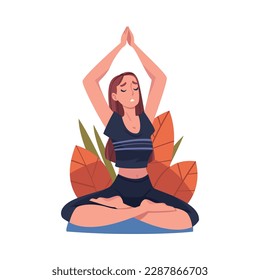 Young Woman with Closed Eyes Doing Meditation Sitting in Lotus Pose on Yoga Mat Practicing Mindfulness Vector Illustration