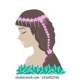 Young woman with closed eyes enjoying beauty and freshness of spring nature, vector cartoon.