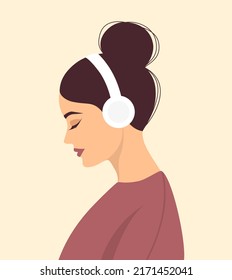 Young woman with closed eyes in headphones listening to music. Side view portrait. Vector illustration in flat style