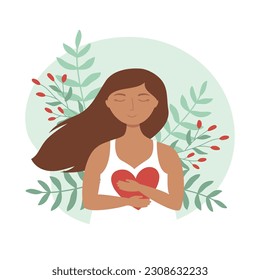 Young woman with closed eyes hugs herself. Mental health, zen, harmony concepts. Body positive, self care, love yourself. Isolated vector illustration
