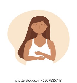 Young woman with closed eyes hugs herself. Mental health, zen, harmony concepts. Body positive, self care, love yourself. Isolated vector illustration