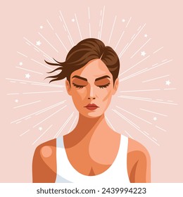 Young woman with closed eyes on a background with stars. Mental health concept. Illustration. Vector