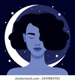 Young woman with closed eyes on night sky background. Portrait or avatar of a young female and crescent. Calm and peaceful girl. Vector illustration