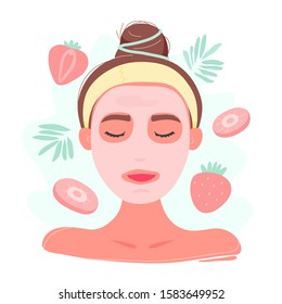 Young woman with closed eyes in pink facial mask surrounded by strawberry and leaves. Close up view. Flat trendy hand drawn style. Vector character icon. Face skin care concept. 