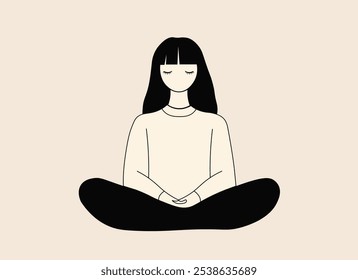 a young woman with closed eyes sits cross-legged and appears to meditate. minimalist vector graphic