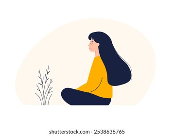 a young woman with closed eyes sits cross-legged and appears to meditate. minimalist vector graphic