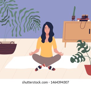 Young woman with closed eyes sitting cross legged on floor and meditating. Meditation, relaxation at home, spiritual practice, yoga and breathing exercise. Flat cartoon colorful vector illustration.