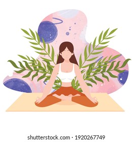 Young woman with closed eyes sitting cross legged on floor and meditating. Meditation, relaxation at home, spiritual practice, yoga and breathing exercise. Flat cartoon colorful vector illustration.