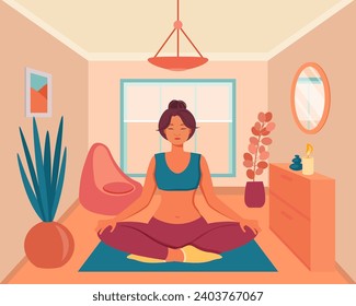 Mujer joven con los ojos cerrados sentada en posición loto sobre la ilustración del vector de la estera. Mujer practicando yoga en casa. El interior de un apartamento moderno. Estilo de vida saludable, meditación, concepto de yoga.